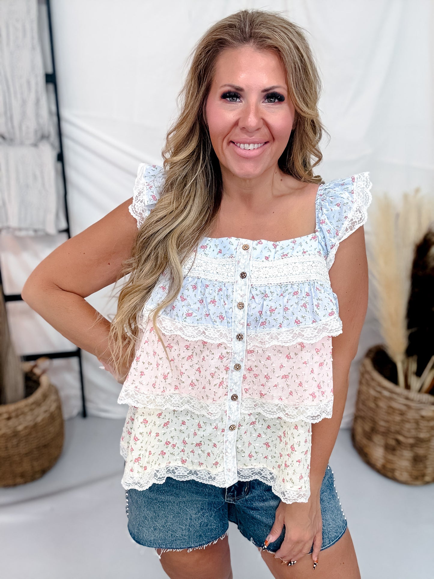 Floral Color Block Ruffled Top W/ Lace Trim