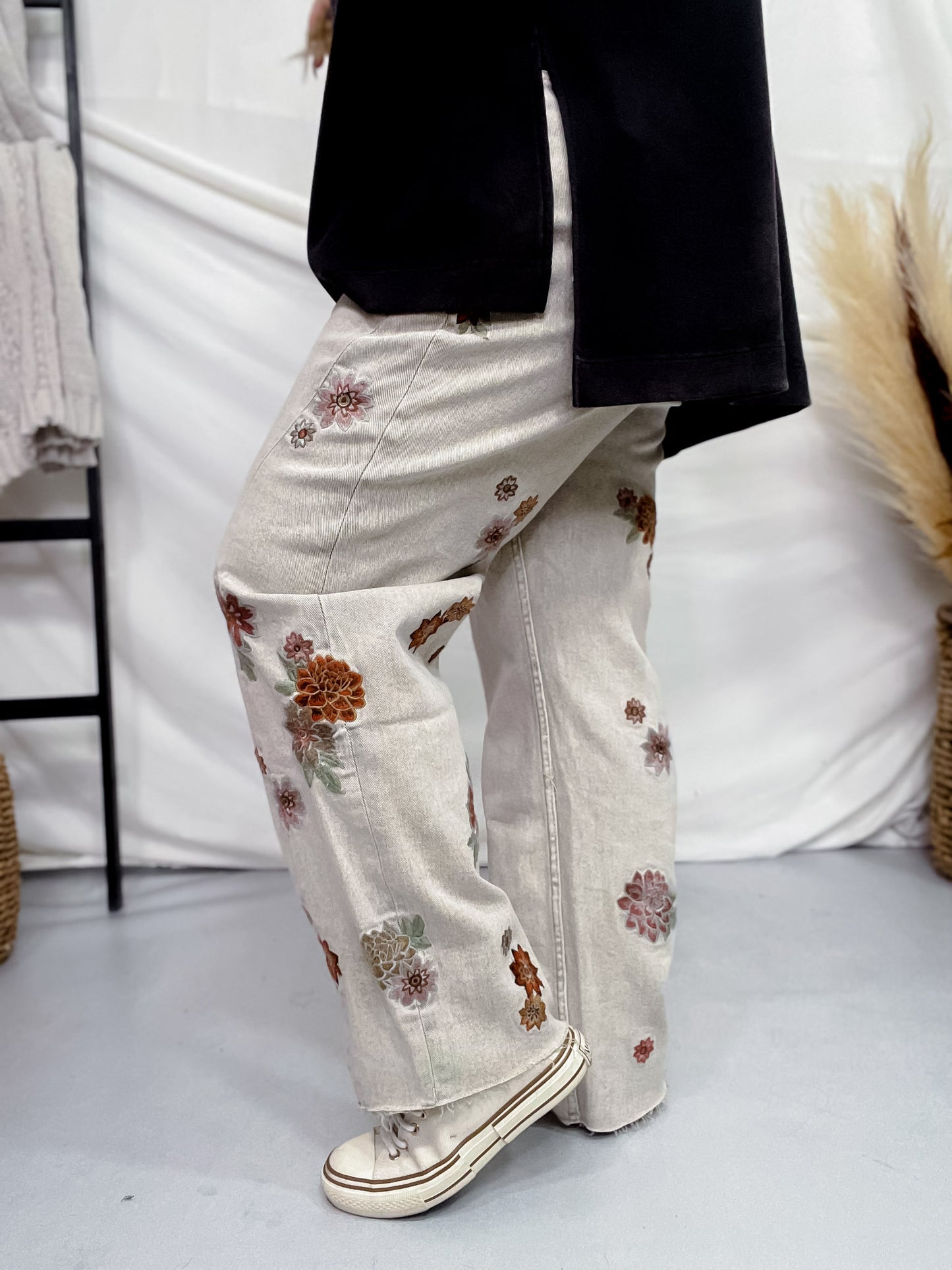 Floral Embroidered Grey Jeans