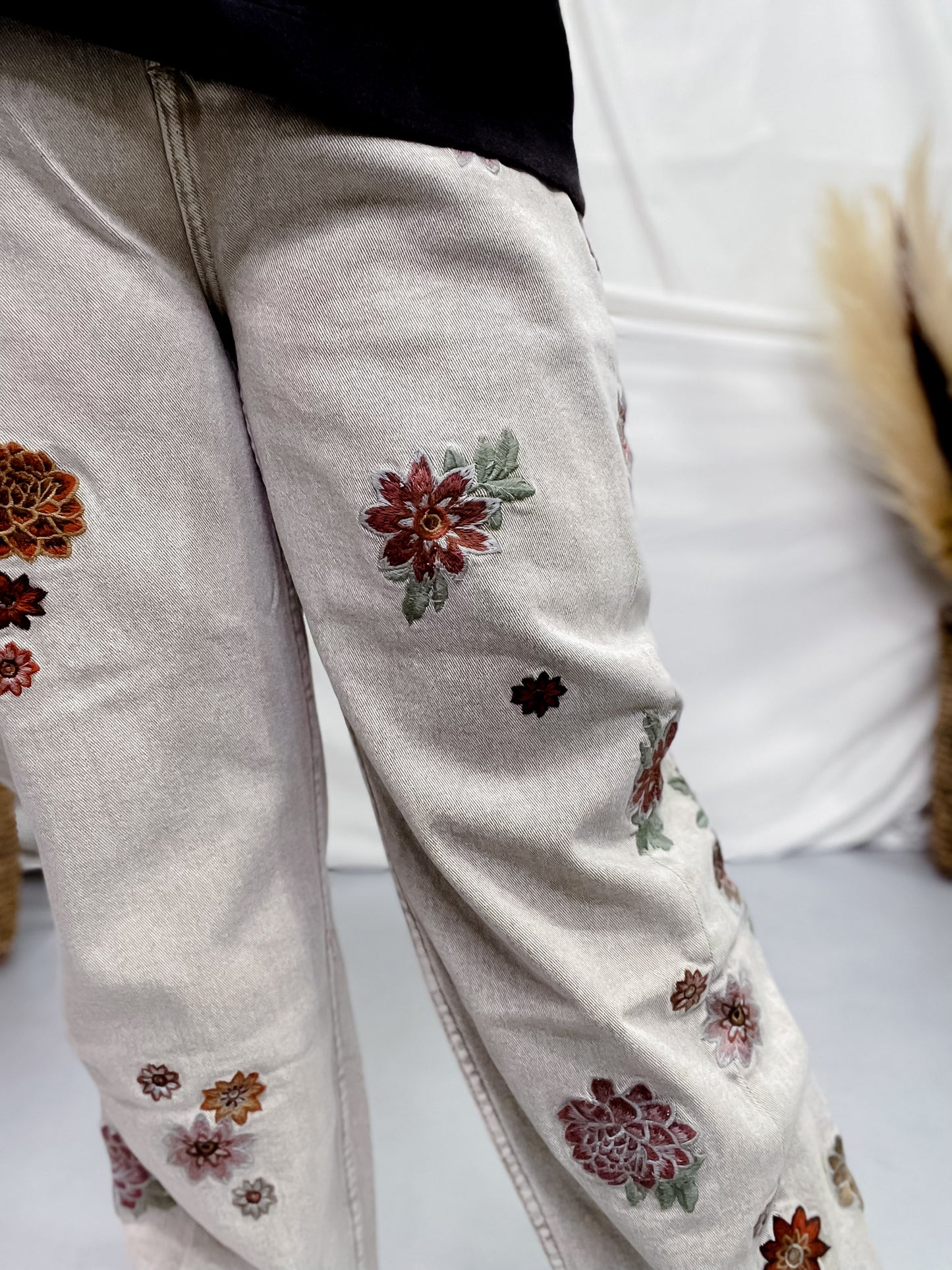Floral Embroidered Grey Jeans