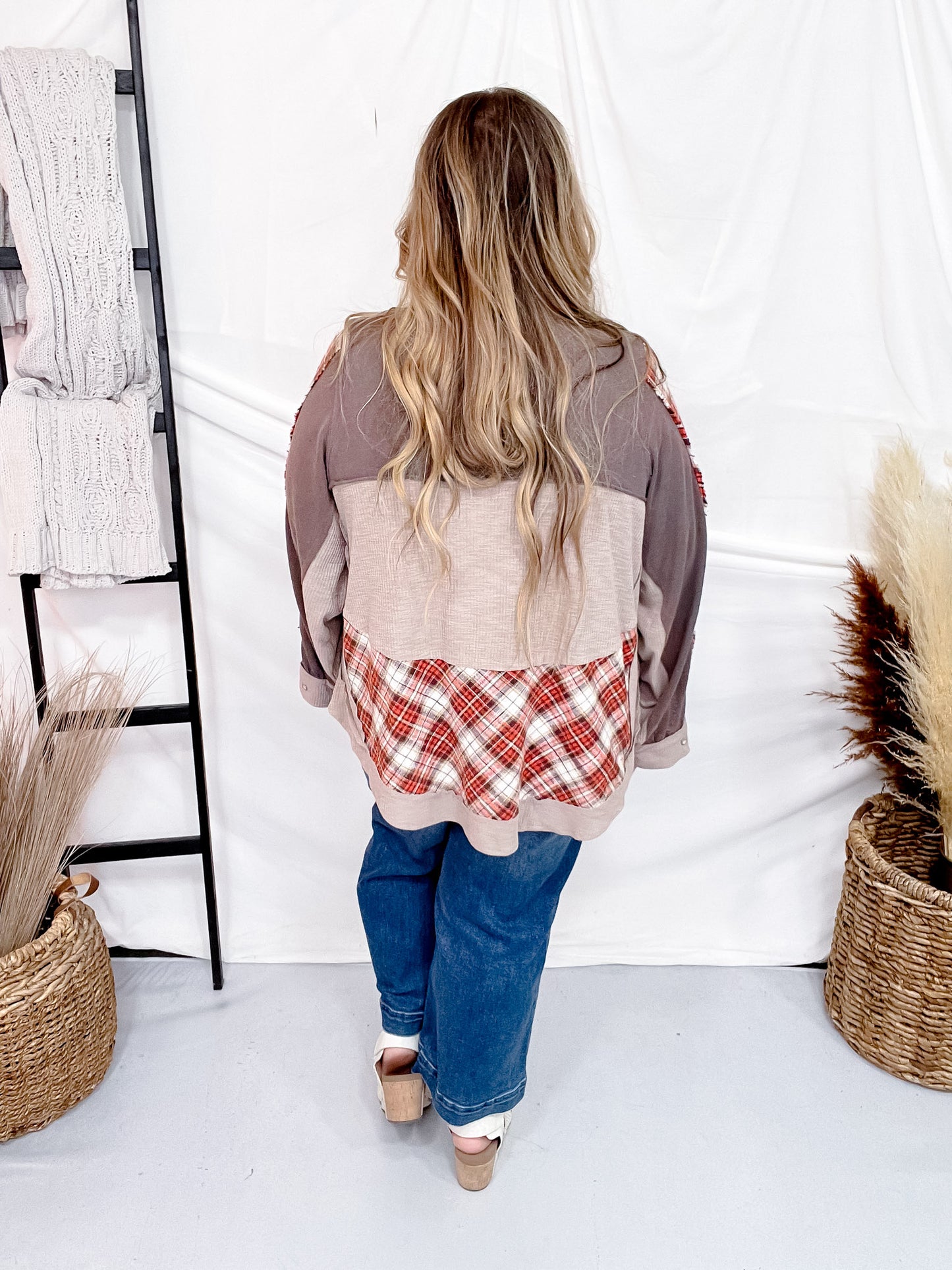 Charcoal Mixed Print Long Sleeve Henley Top
