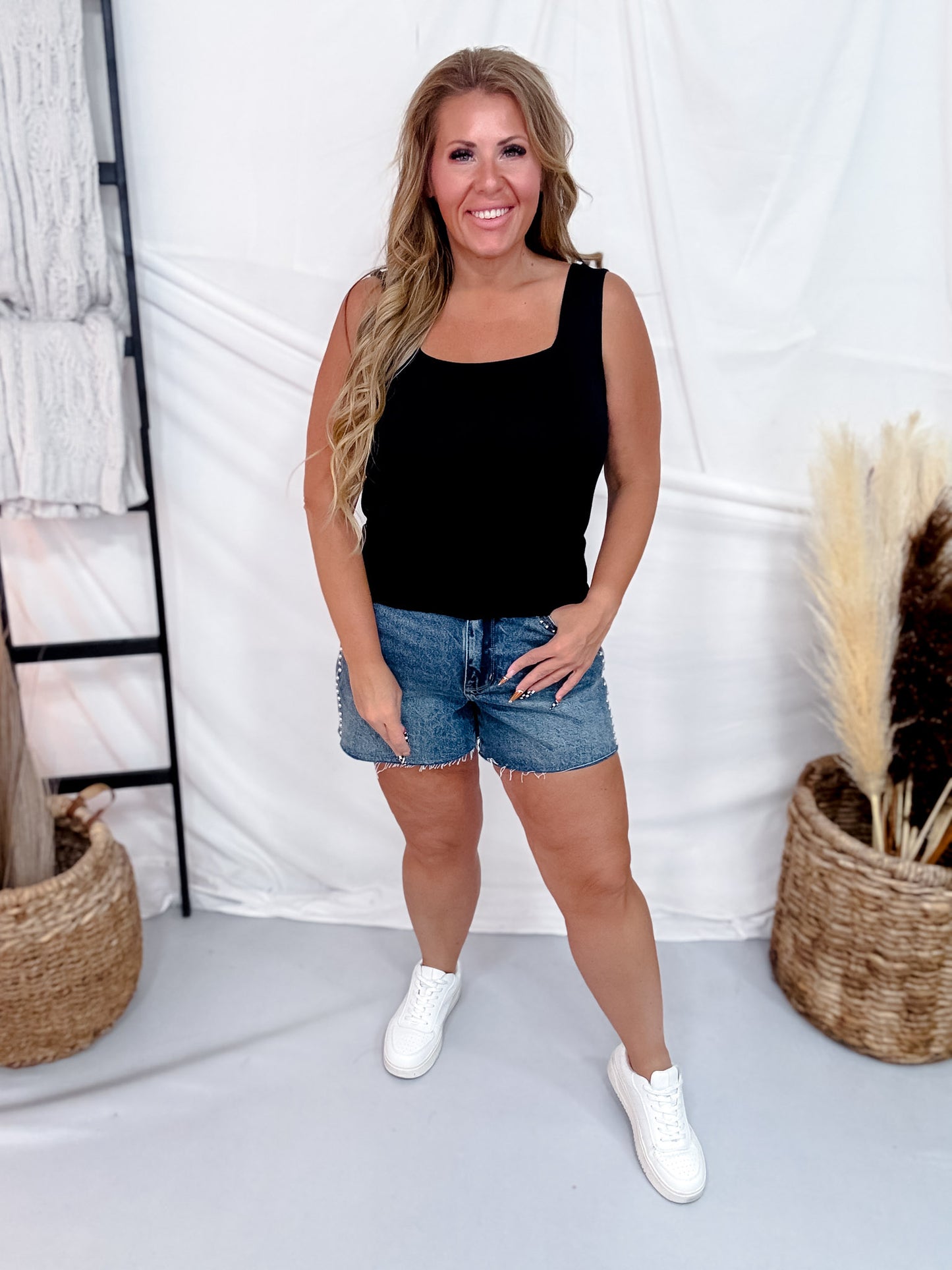 Black Square Neck Midi Tank Top