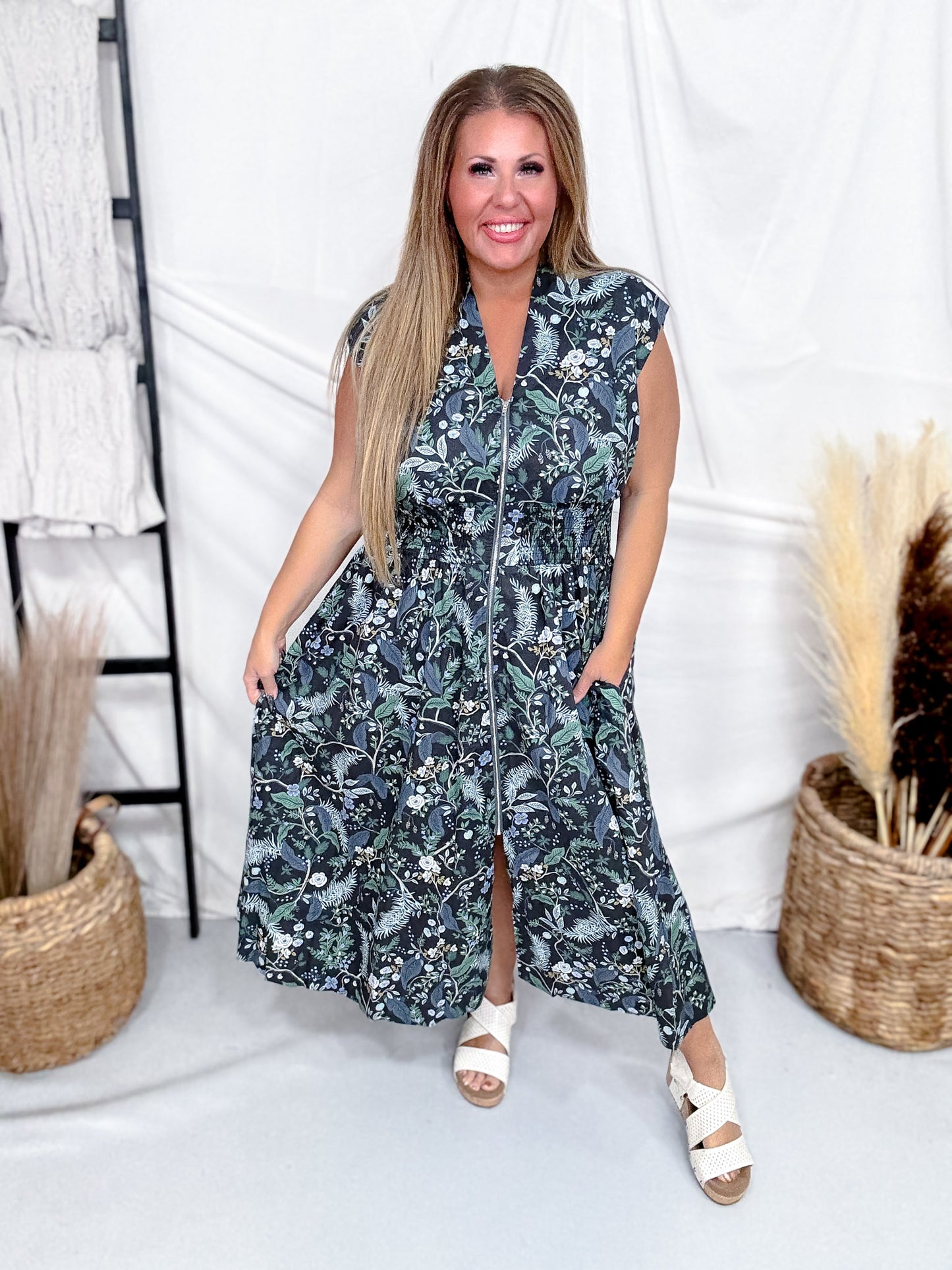 Navy Floral Print Zip Front Dress With Smocked Waist