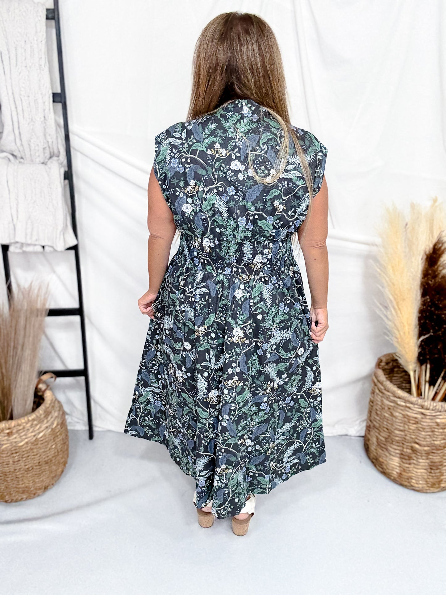 Navy Floral Print Zip Front Dress With Smocked Waist