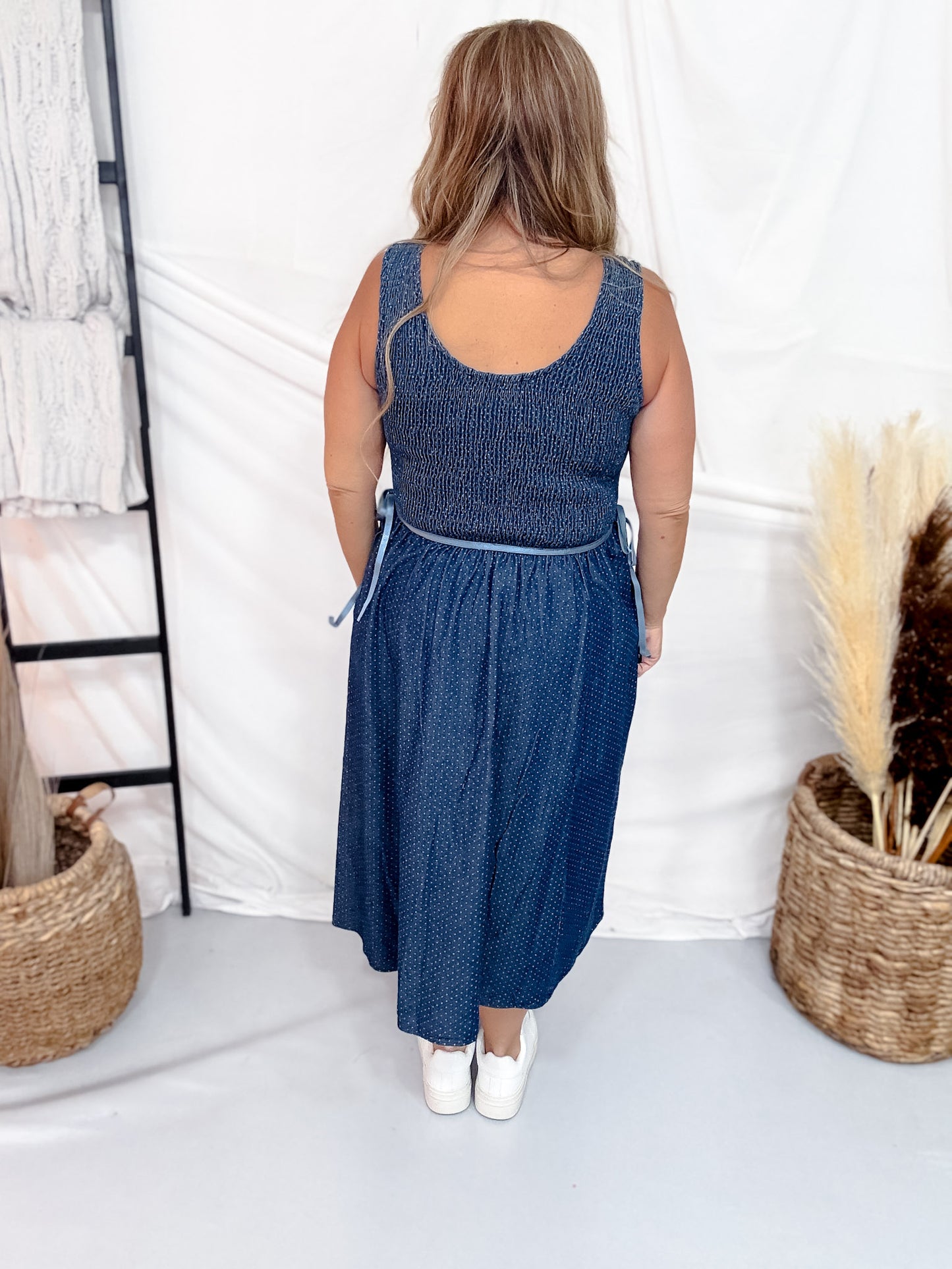 Polka Dot Denim Midi Dress With Smocked Bodice