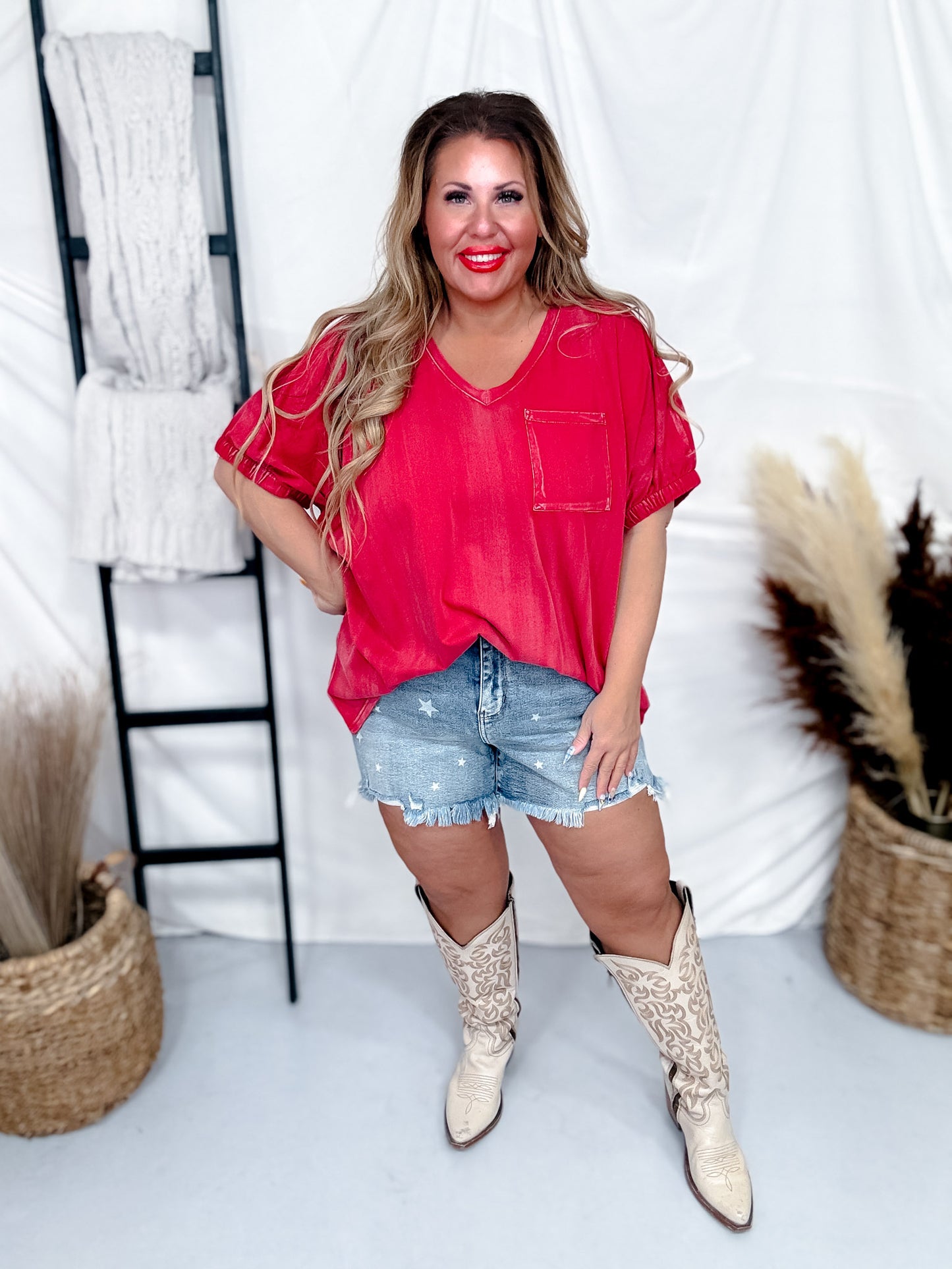 Red Garment Washed V-Neck Shirt with Elastic Sleeves