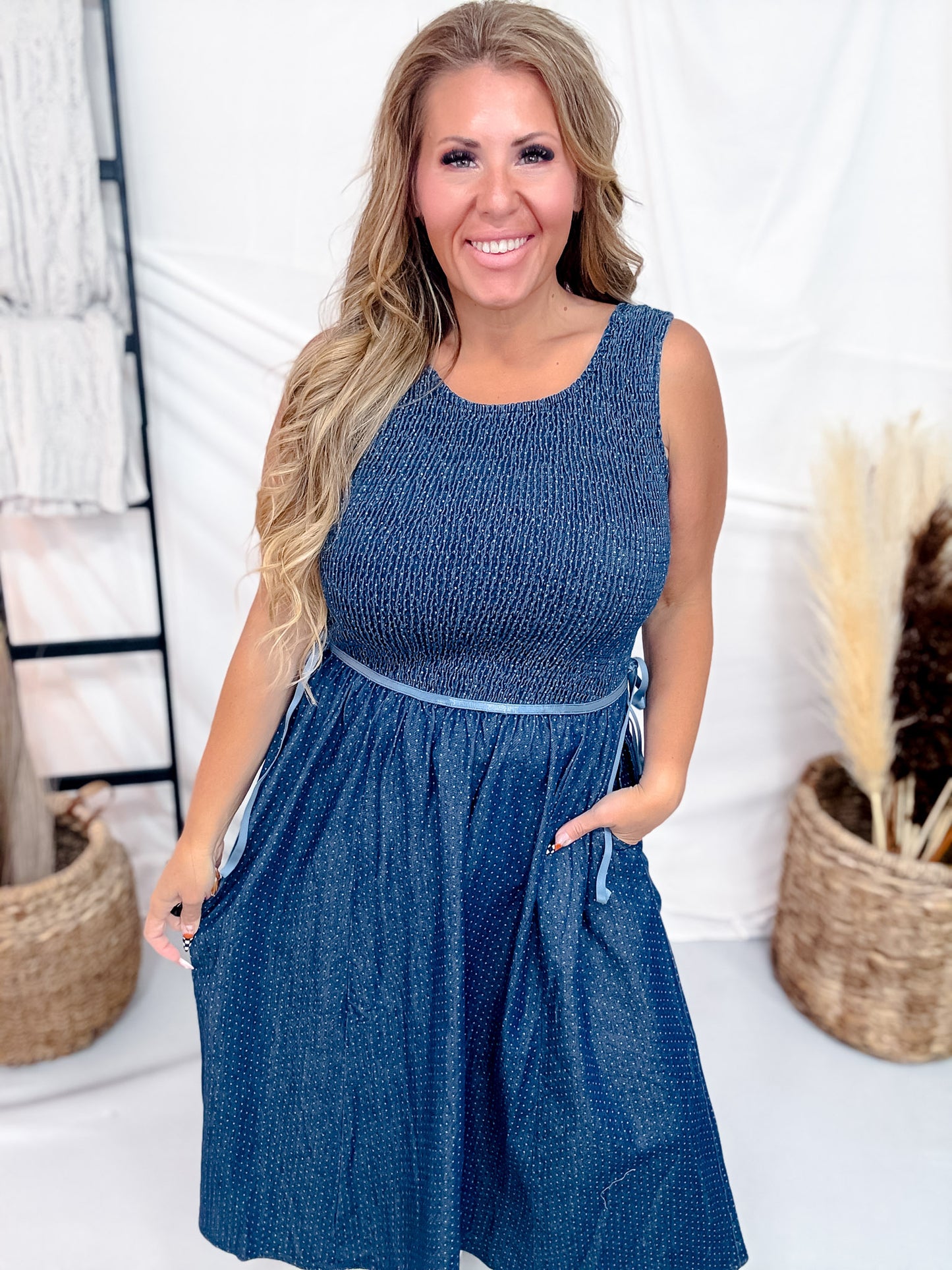 Polka Dot Denim Midi Dress With Smocked Bodice