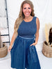 Polka Dot Denim Midi Dress With Smocked Bodice