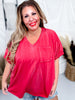 Red Garment Washed V-Neck Shirt with Elastic Sleeves