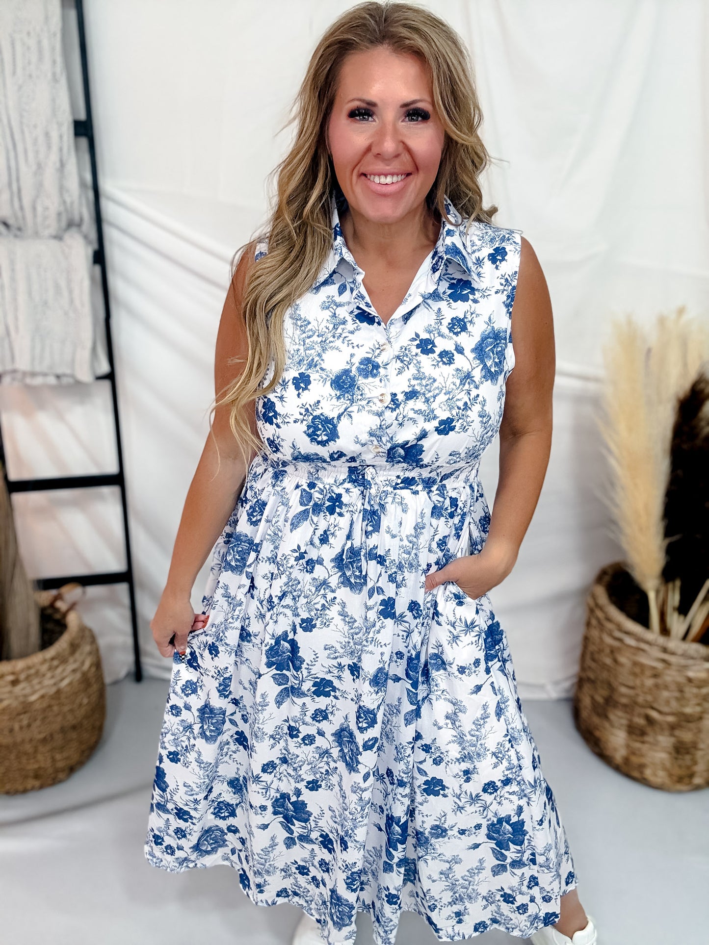 Blue & White Floral Print Sleeveless Midi Dress