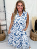 Blue & White Floral Print Sleeveless Midi Dress