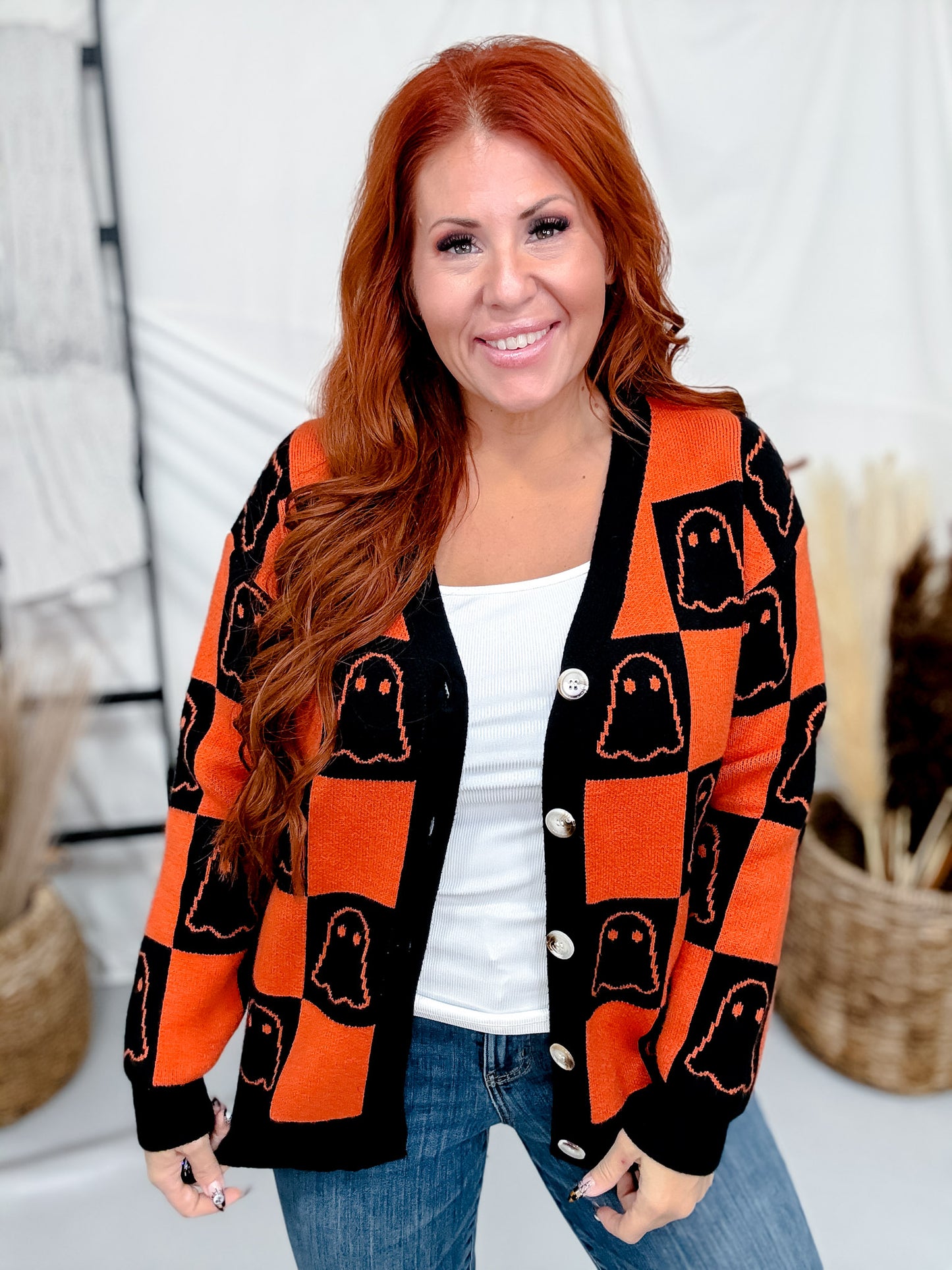 Orange & Black Checkered Ghost Print Cardigan