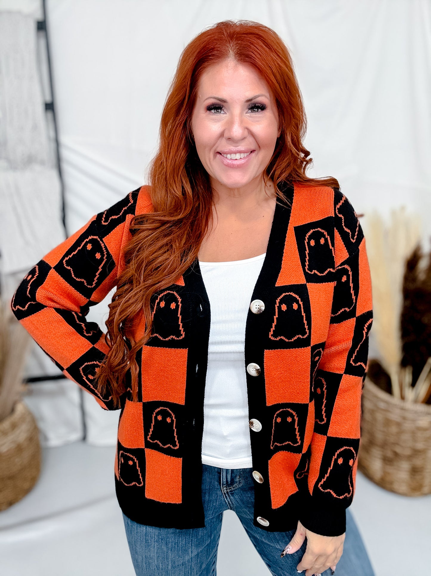 Orange & Black Checkered Ghost Print Cardigan