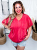 Red Garment Washed V-Neck Shirt with Elastic Sleeves