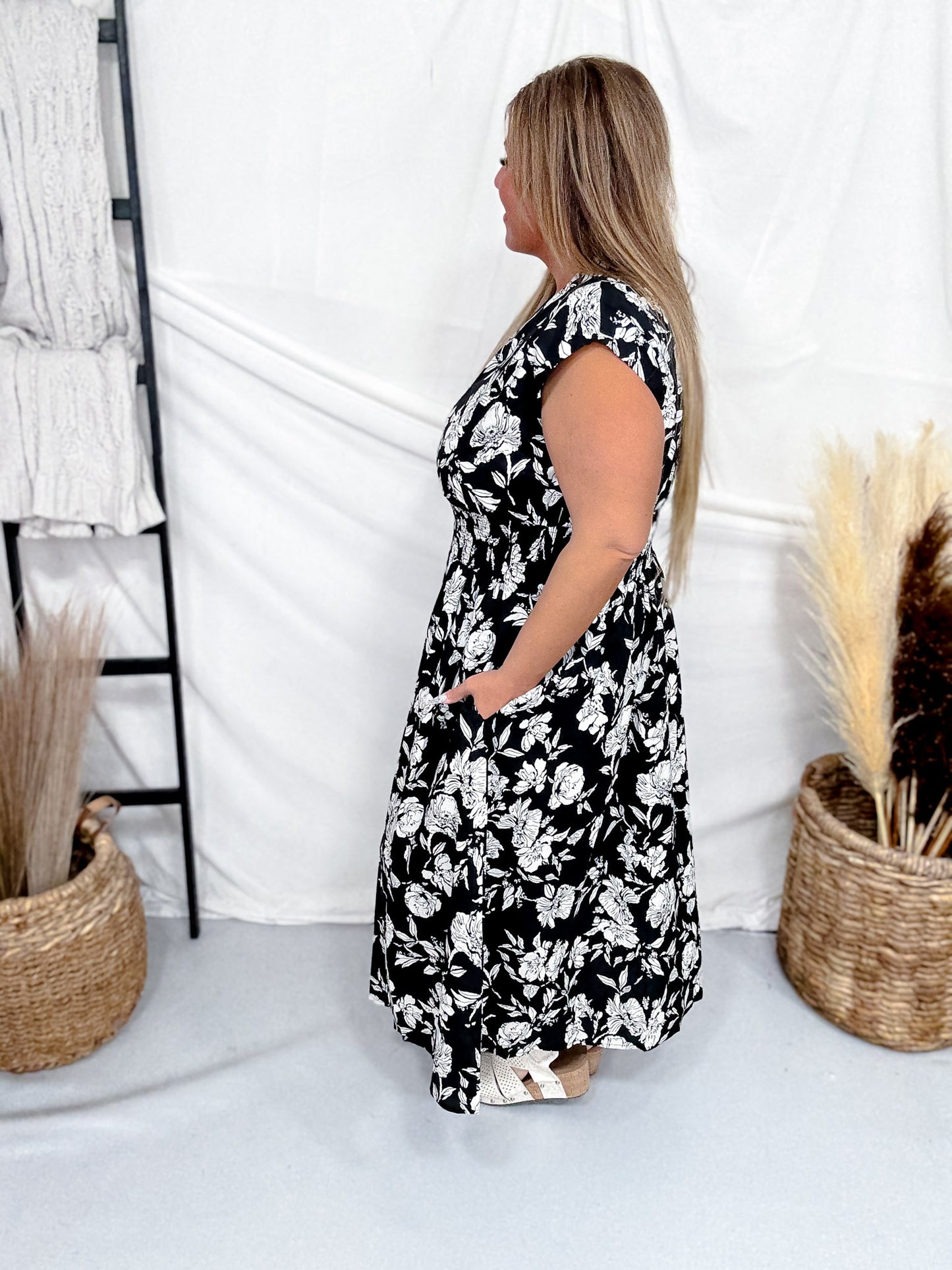 Black & White Floral Print Midi Dress With Smocked Waist