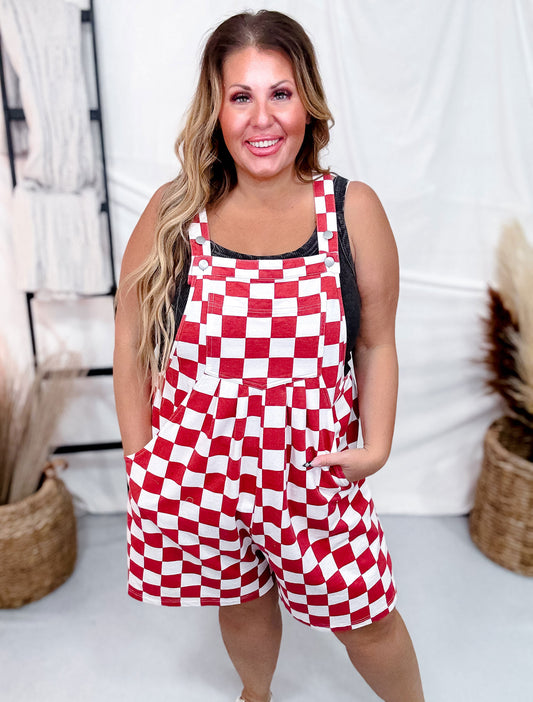 Red And White Checkered Overall Romper