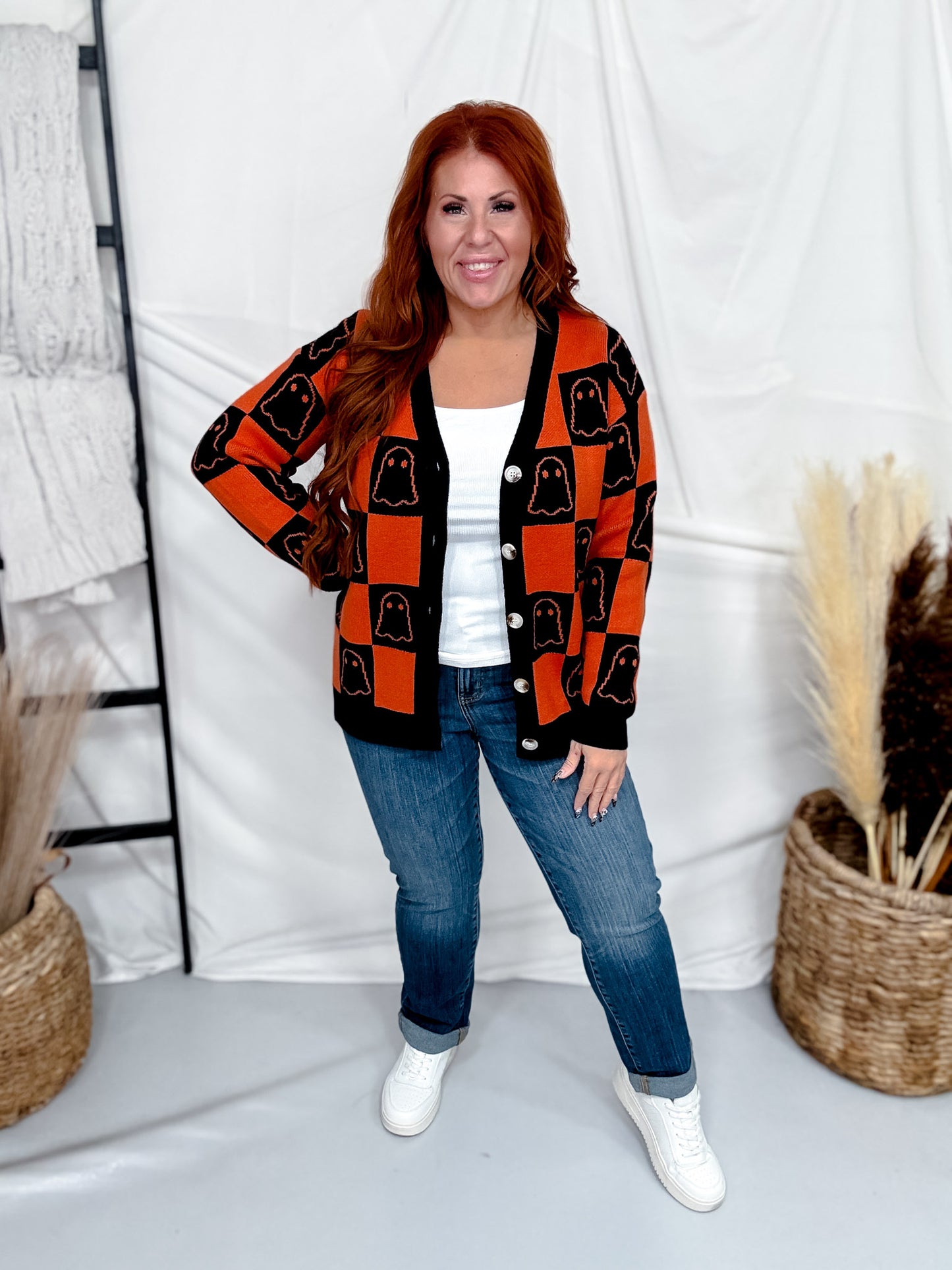 Orange & Black Checkered Ghost Print Cardigan