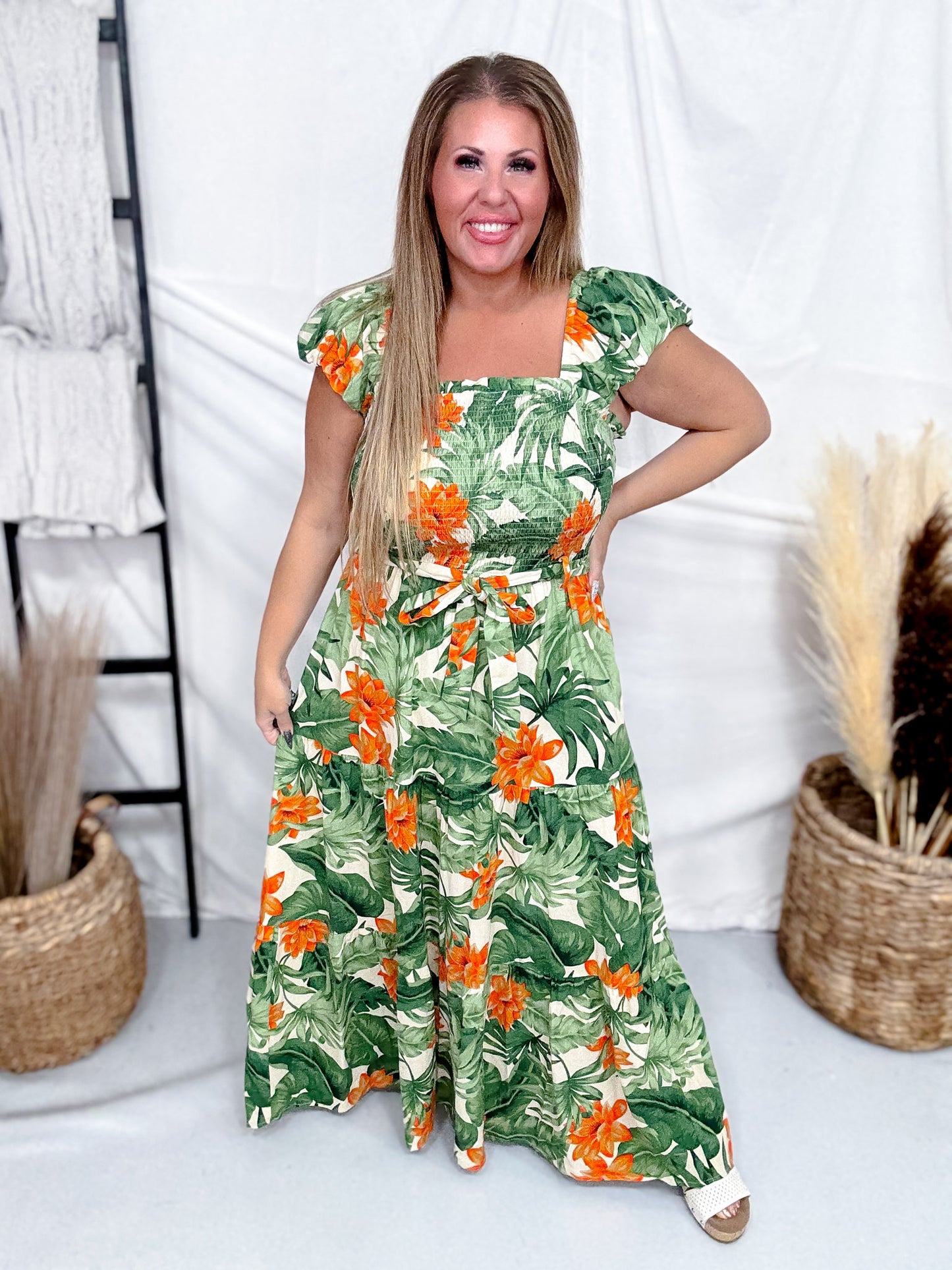 Tropical Dream Maxi Dress With Cap Sleeves And Tie Waist