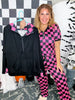 Black Hoodie With Half Zip and Pink Checkerboard Accents