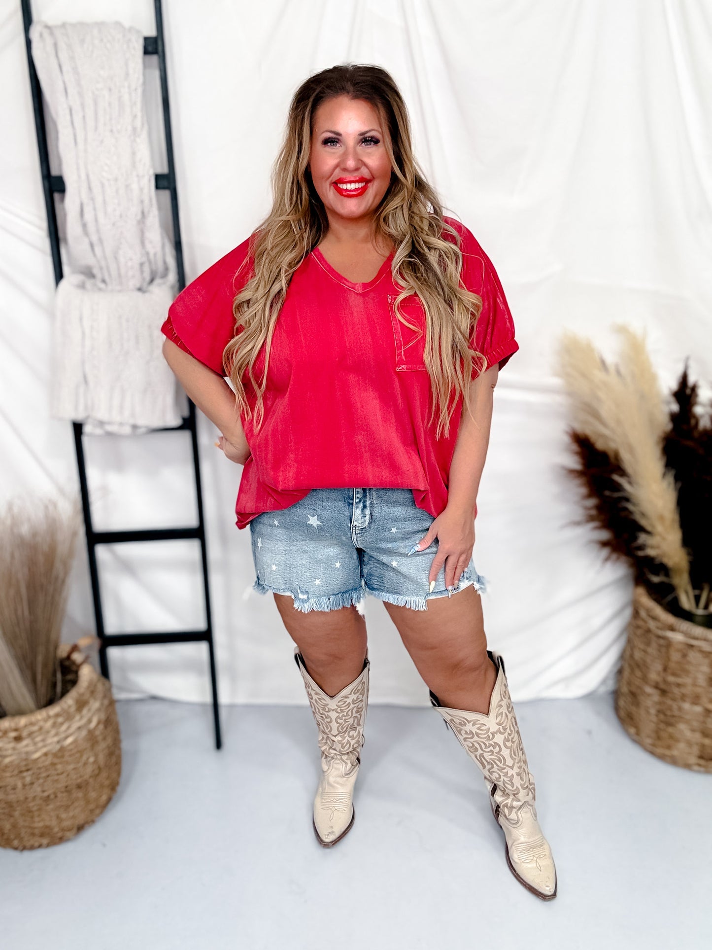 Red Garment Washed V-Neck Shirt with Elastic Sleeves
