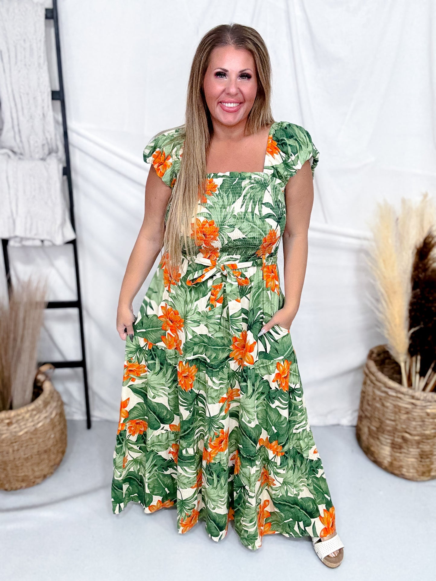Tropical Dream Maxi Dress With Cap Sleeves And Tie Waist