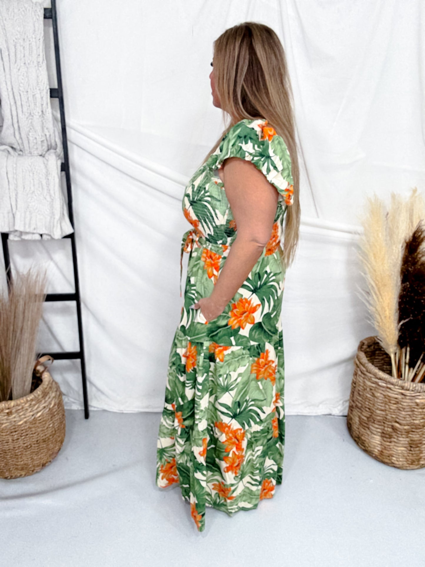 Tropical Dream Maxi Dress With Cap Sleeves And Tie Waist