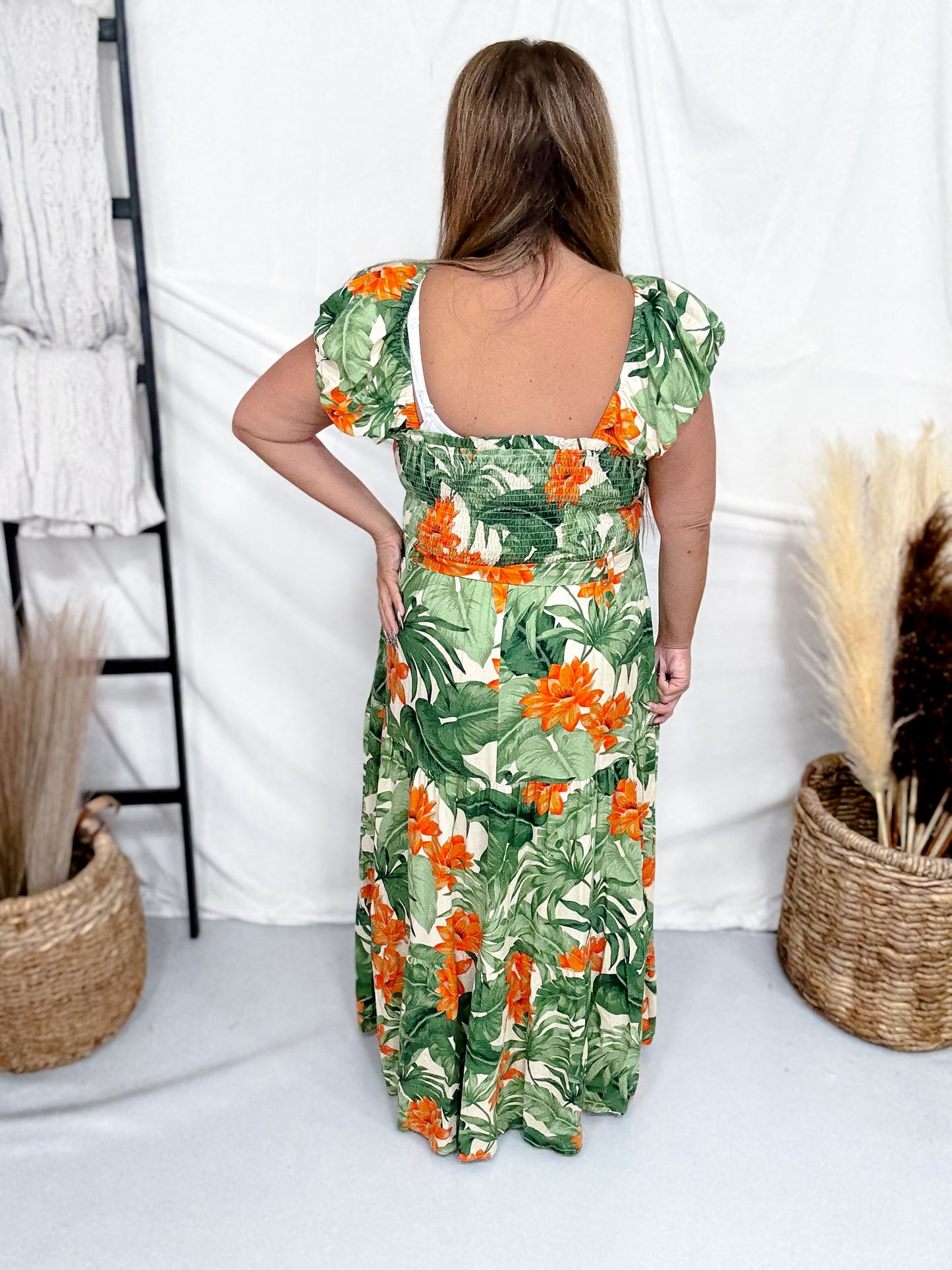 Tropical Dream Maxi Dress With Cap Sleeves And Tie Waist