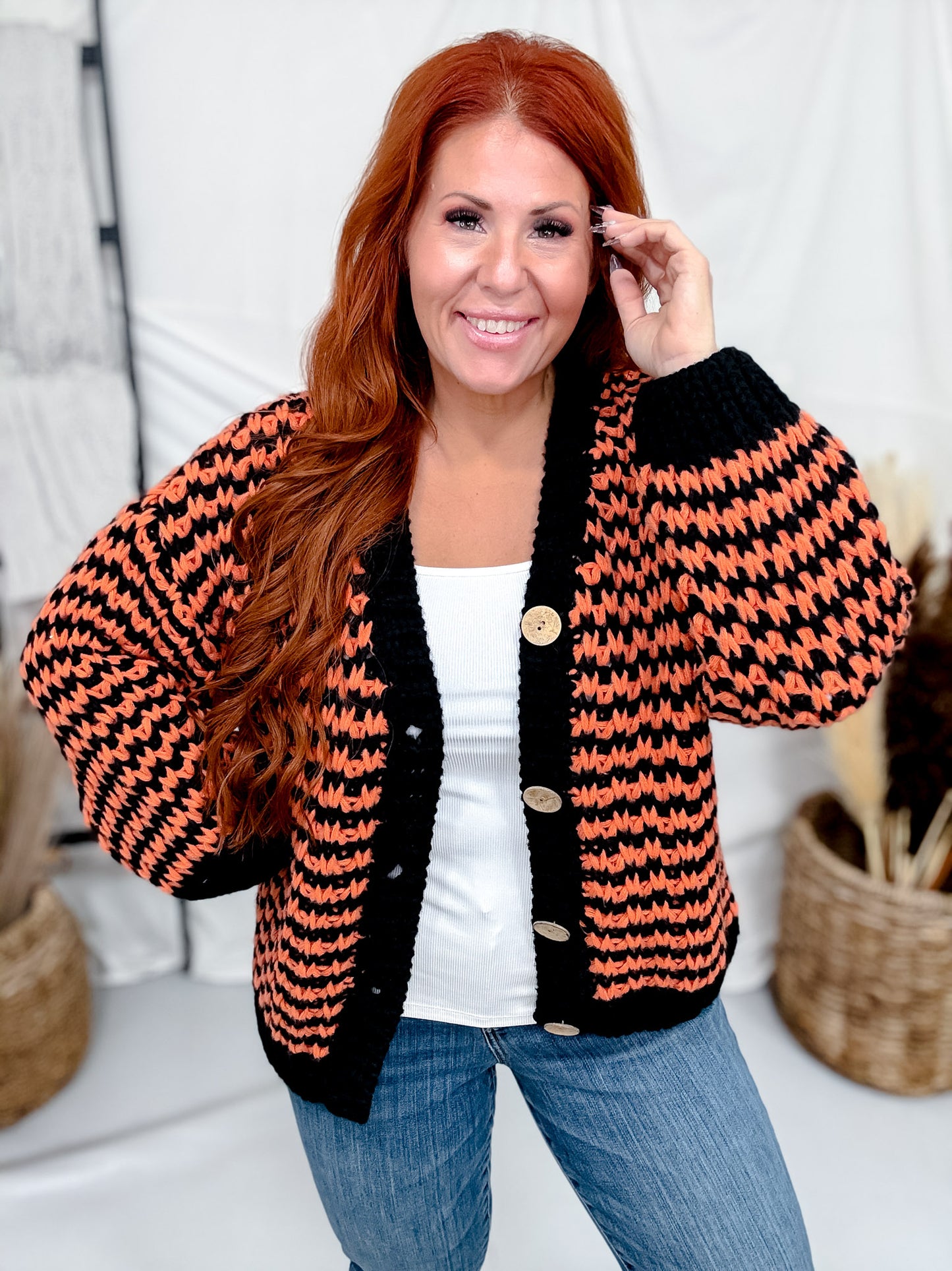 Chunky Knit Orange & Black Button Front Cardigan