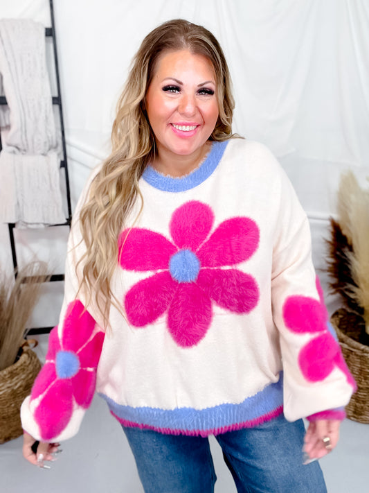 Long Sleeve Daisy Pattern Knit Pullover Sweater