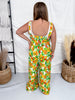 Floral Citrus Print Sleeveless Jumpsuit With Front Lacing