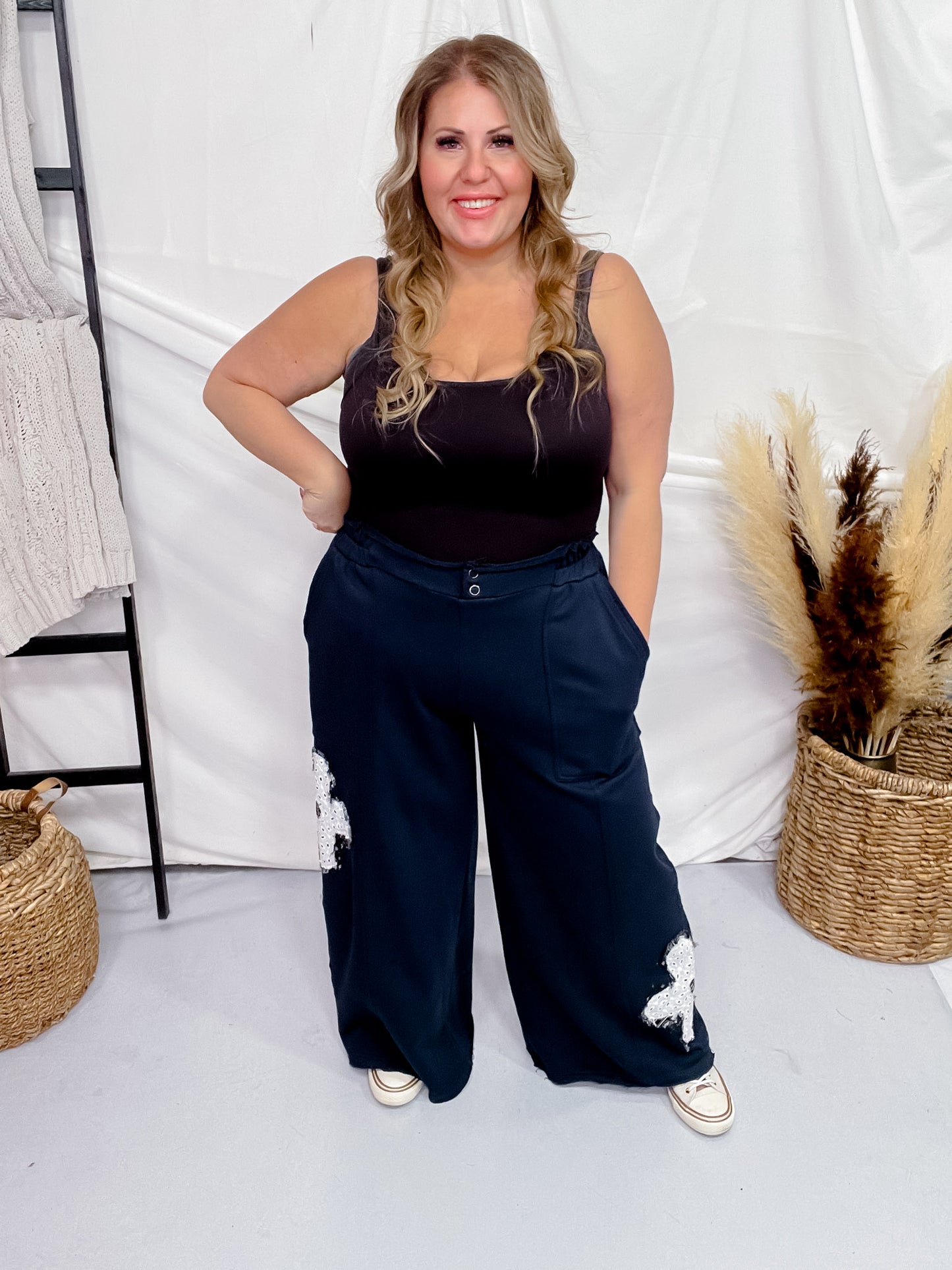 Ink Blue Floral Patchwork French Terry Pants