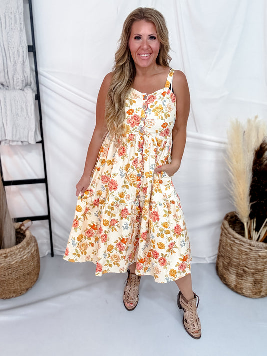 Warm Toned Floral Print Scalloped Edge Midi Dress