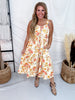 Warm Toned Floral Print Scalloped Edge Midi Dress