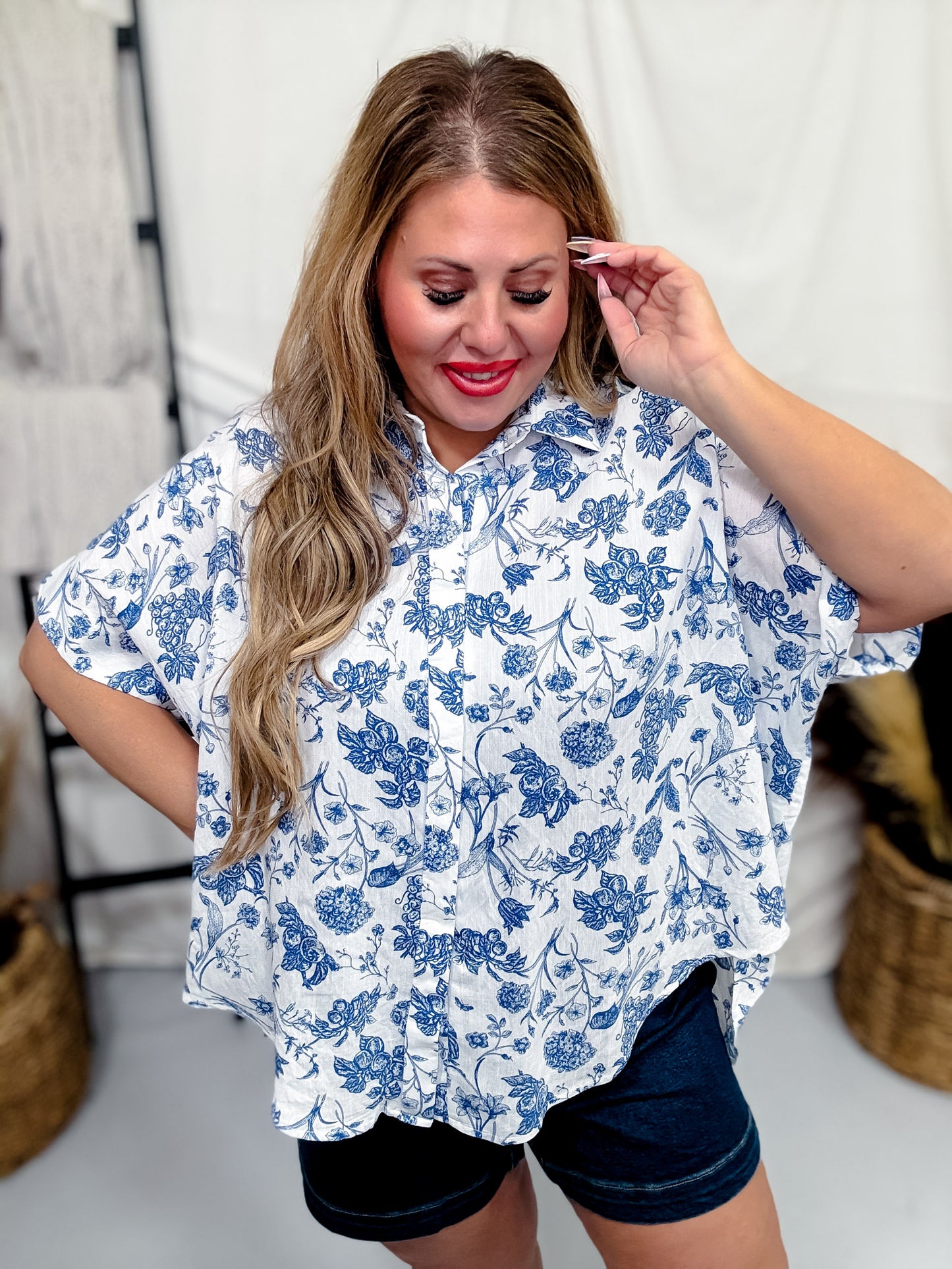 Blue & White Floral Print Button Down Top