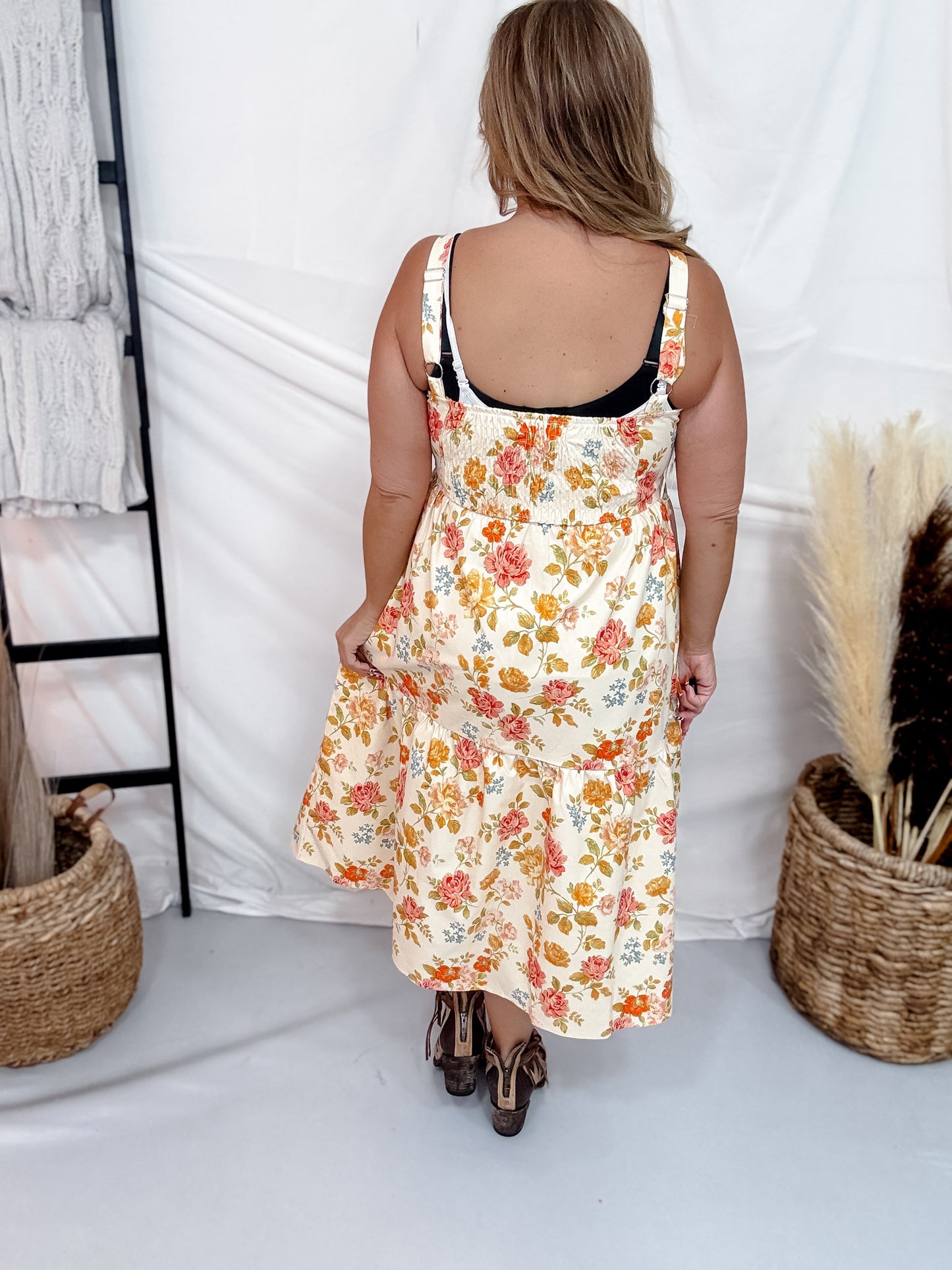 Warm Toned Floral Print Scalloped Edge Midi Dress