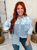 Mixed Print Button Front Chambray Top With Dolman Sleeves