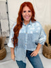Mixed Print Button Front Chambray Top With Dolman Sleeves