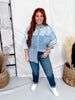 Mixed Print Button Front Chambray Top With Dolman Sleeves