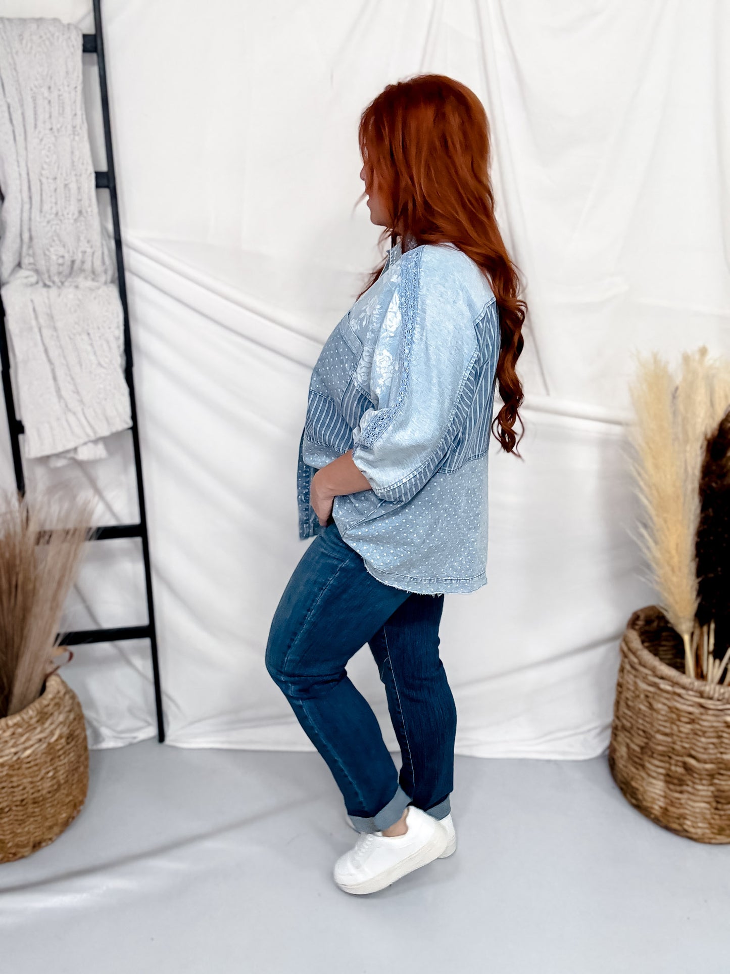 Mixed Print Button Front Chambray Top With Dolman Sleeves