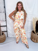 Warm Toned Floral Print Scalloped Edge Cropped Pants