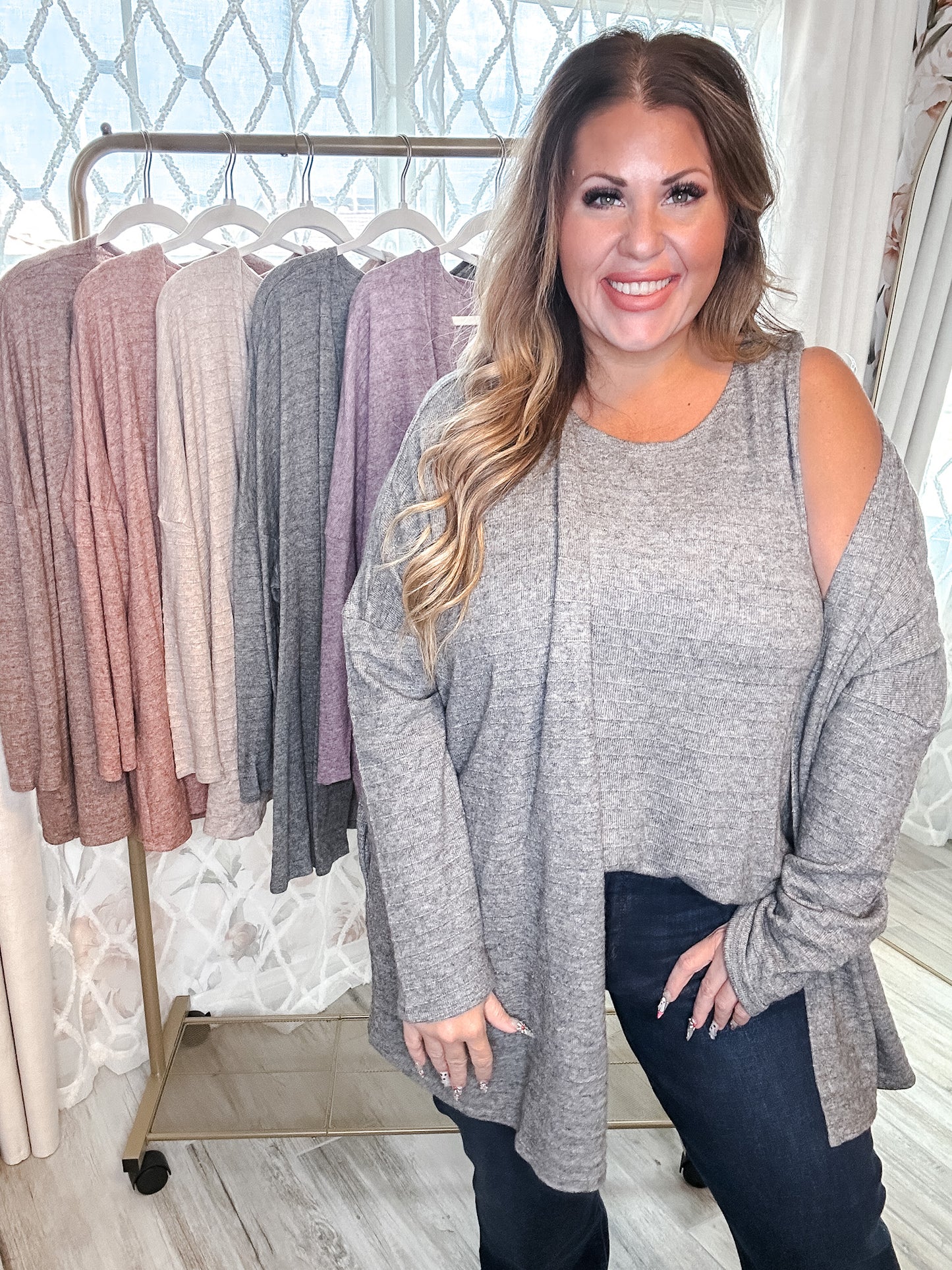 Hacci Striped Cardigan & Tank Top Set (5 Colors)