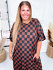 Short Sleeve Black & Mocha Ribbed Checkered Midi Dress