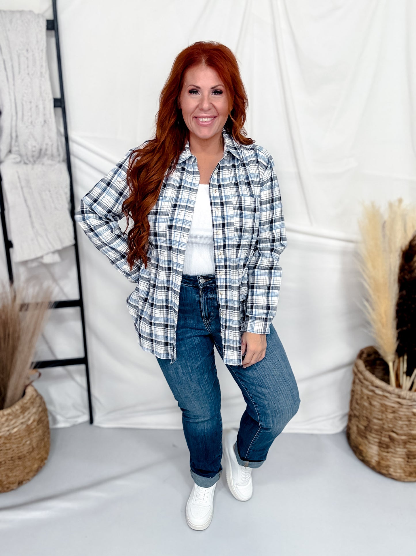 Slate Blue Plaid Long Sleeve Button Front Top