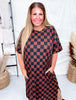 Short Sleeve Black & Mocha Ribbed Checkered Midi Dress