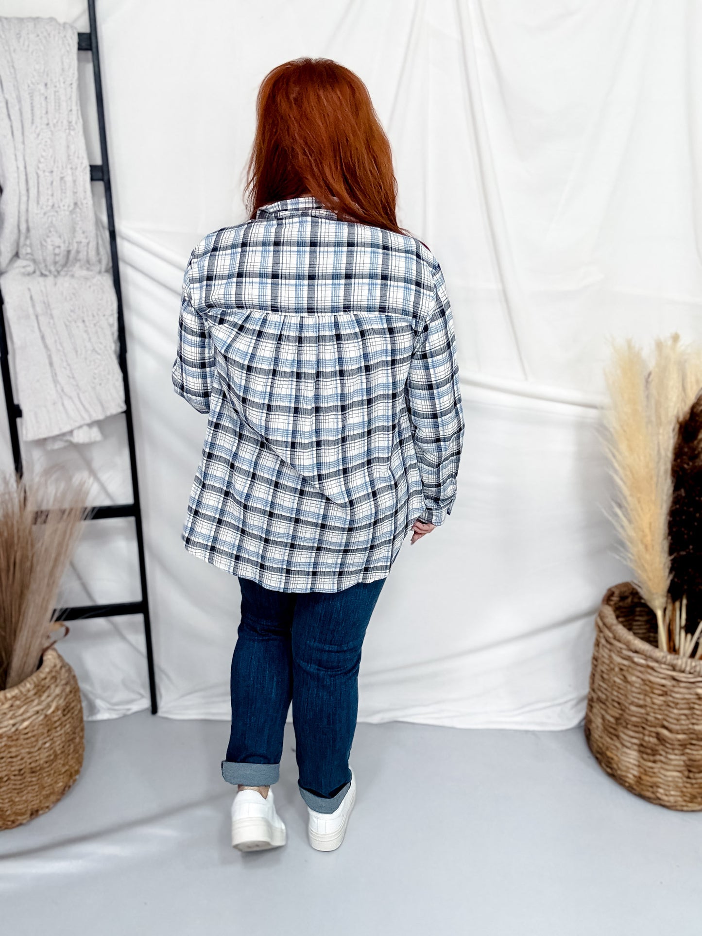 Slate Blue Plaid Long Sleeve Button Front Top