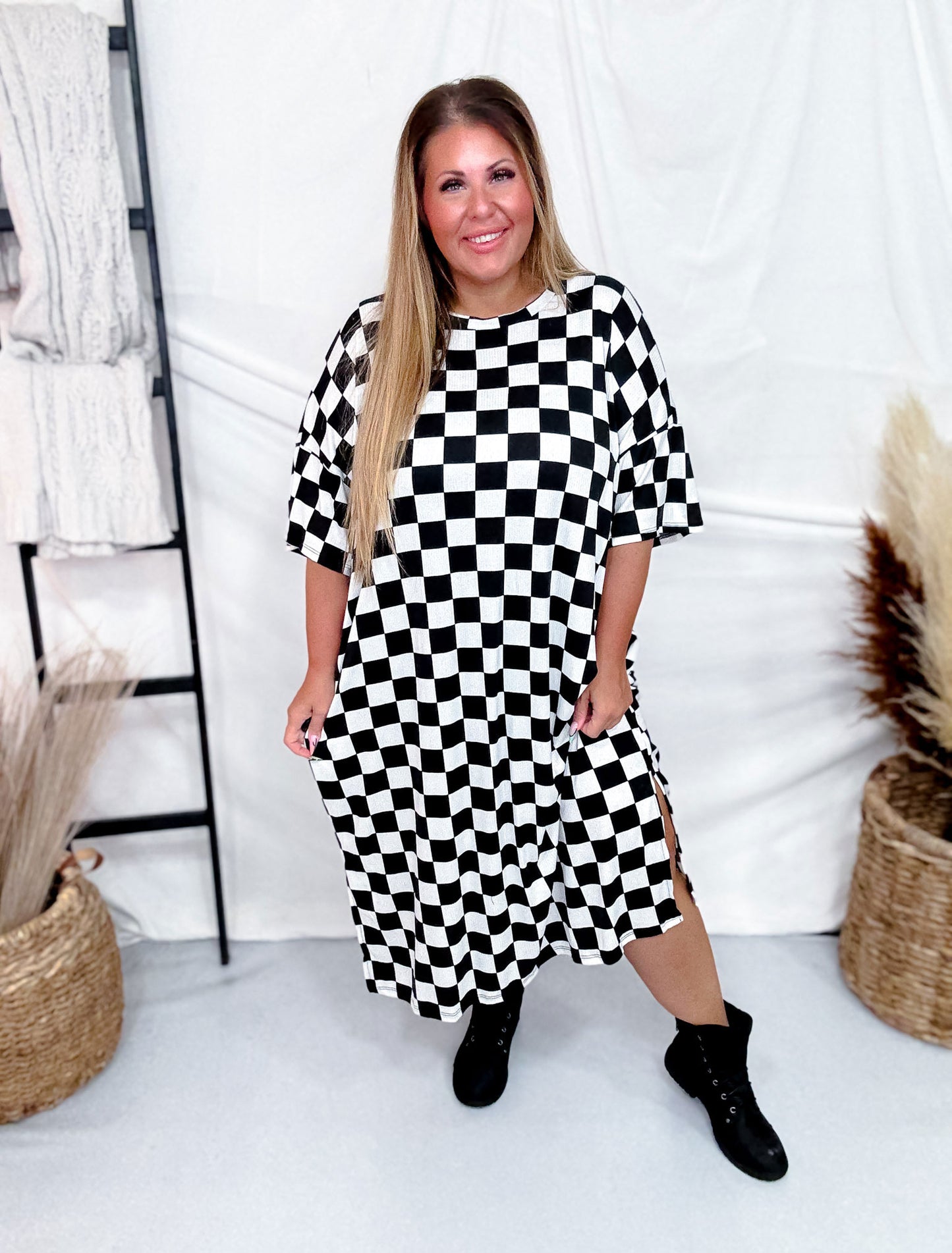 Black & White Checkerboard Ribbed Midi Dress