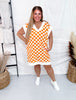 Orange & White Checkered Hi-Lo V-Neck Dress With Side Slit
