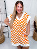 Orange & White Checkered Hi-Lo V-Neck Dress With Side Slit