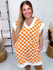 Orange & White Checkered Hi-Lo V-Neck Dress With Side Slit