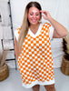 Orange & White Checkered Hi-Lo V-Neck Dress With Side Slit