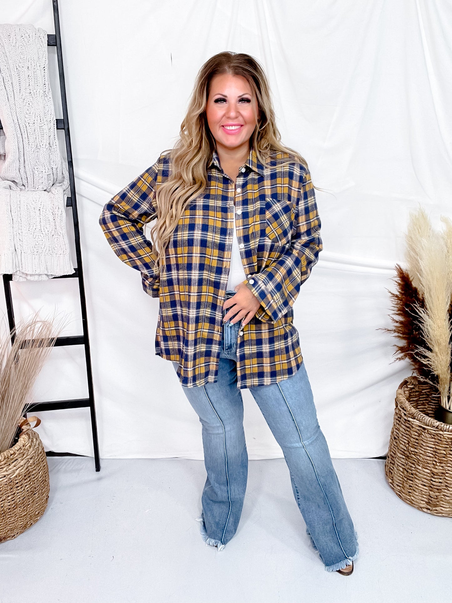 Yellow & Navy Mixed Check Flannel Shirt  W/ Long Sleeves